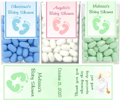 28 FAVORES DE BABY SHOWER DECORACIONES PERSONALIZADAS TT MINTS ETIQUETAS PIES DE BEBÉ HUELLAS