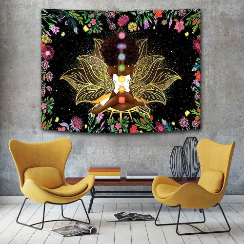 Ine Ive Tapiz de chakra africano, mujer afroamericana, tapices de meditación zen, 40 x 30 pulgadas, cielo estrellado, flores, jardín, inspirador,