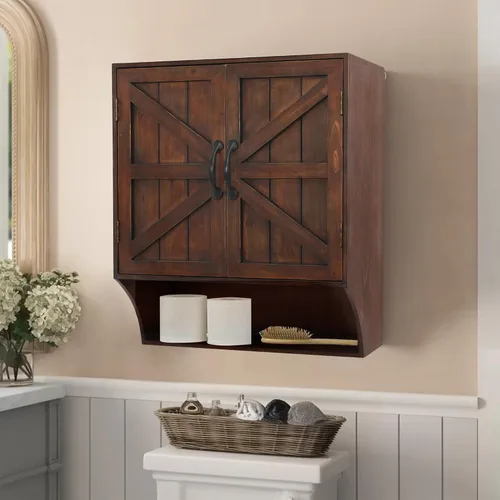 Miniatura 5 de FLORA Armario de almacenamiento montado en la pared, botiquín con puertas, armario de pared de baño vintage de madera sobre inodoro para baño
