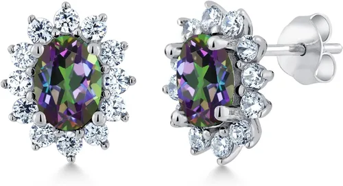 Miniatura 197 de Gem Stone King Aretes ovalados de plata de ley 925 de 0.276 x 0.197 in con piedra natal de la princesa Diana, estilo halo real para mujeres