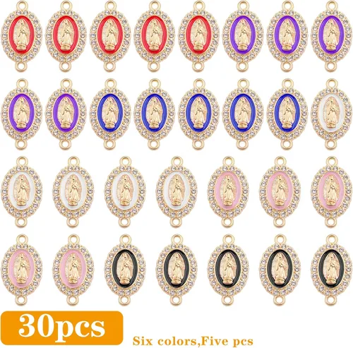 Miniatura 2 de 30 dijes de aleación esmaltados de la Virgen María, diamantes de imitación de Nuestra Señora, Medalla Milagrosa, Dijes de Crucifijo de conexión