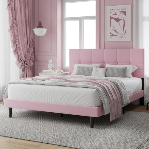 Miniatura 12 de IOILORI - Marco de cama tamaño Queen, marco de cama tapizada tamaño Queen con cabecero, cabecero tapizado, listones de madera resistentes, Beige