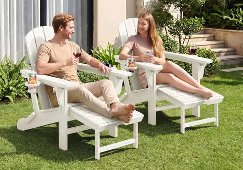 Miniatura 9 de KINGYES Silla Adirondack plegable ajustable con otomana y 2 portavasos, silla reclinable Adirondack de polietileno de alta densidad con reposapiés
