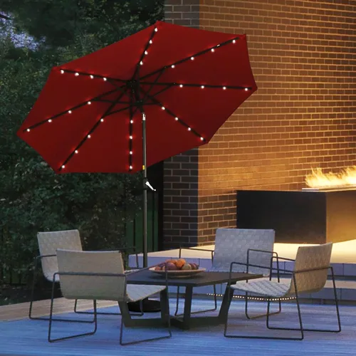 Miniatura 10 de Clihome Sombrilla solar de 9 pies para patio, 32 luces LED, sombrilla solar para patio al aire libre con botón de inclinación y manivela para patio