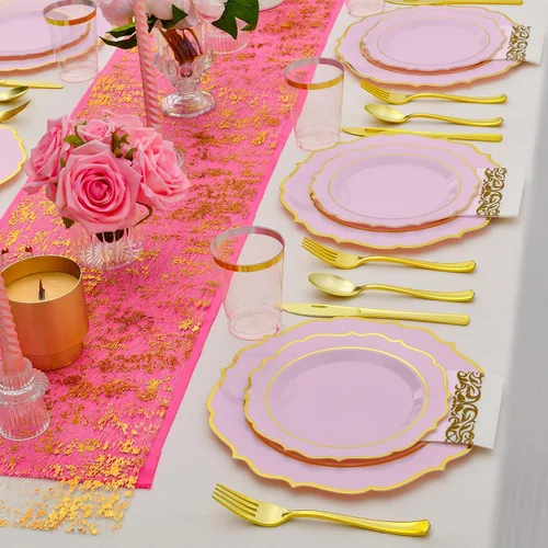 175 PCS Platos de Plástico Rosa para 25 Invitados, Juego de Vajilla Desechable Rosa y Dorado para Fiestas y Bodas Incluye 25 Platos de Cena y 25