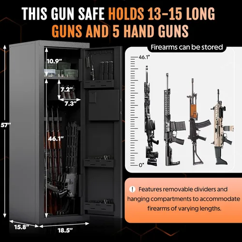 Miniatura 8 de KAER - Caja fuerte biométrica para rifles y pistolas, cajas fuertes para armas que acomodan 14-15 armas de fuego con estantes ajustables