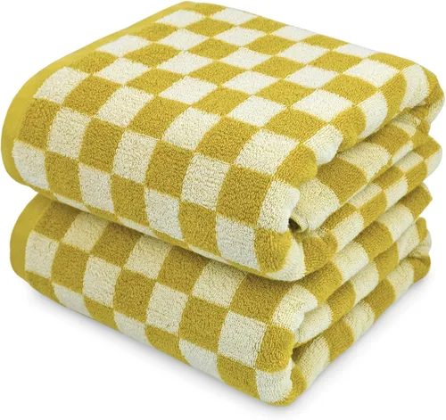 Miniatura 14 de Jacquotha Juego de 4 toallas de baño a cuadros 100% algodón para baño, ducha, piscina y playa (morado, amarillo, verde, naranja), 520 GSM