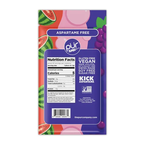 Miniatura 2 de PUR Goma Jumbo Chicle sin Aspartame 100% Xilitol Sabor Natural de Chicle de Masticar, Uva, Sandía, 20 Piezas (Paquete de 10)
