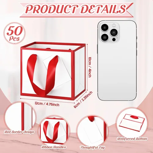 Miniatura 2 de Yeaqee 50 mini bolsas de regalo de papel metálico con asa de 4.75 x 2.25 x 4 pulgadas, pequeña bolsa de regalo para bricolaje, etiqueta de Blanco