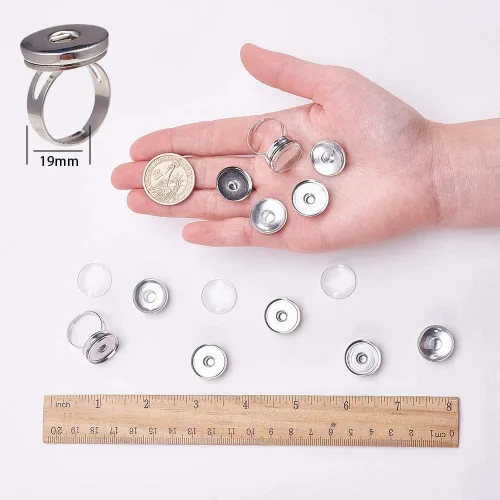 Miniatura 6 de SUNNYCLUE 1 caja de 62 anillos de dedo de botón, 2 componentes ajustables con 30 ajustes de cabujón de botón a presión, 30 piezas de bandeja
