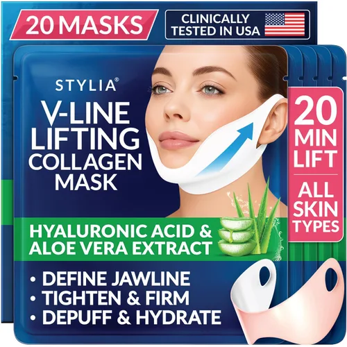 STYLIA V Line - Máscara facial de colágeno de elevación – Levanta, reafirma y contornea la mandíbula – Correa de doble barbilla con ácido Azul