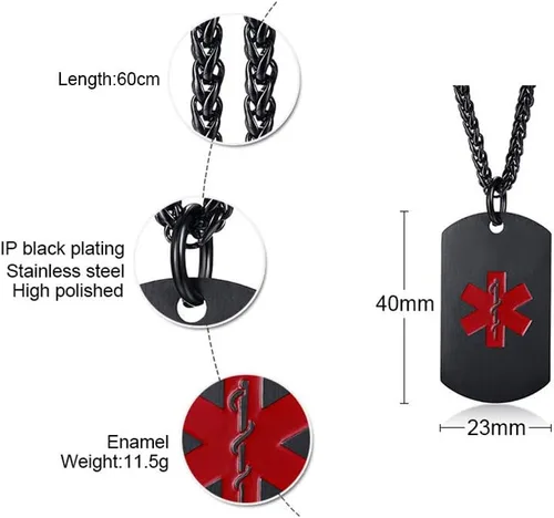 Miniatura 79 de VNOX Collar con colgante personalizado de acero inoxidable con grabado personalizado para identificación de alerta médica de emergencia para hombres