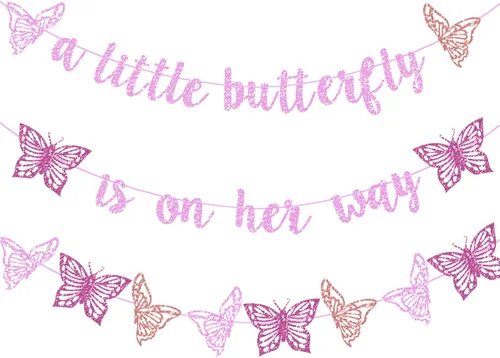 Decoración de fiesta de baby shower con diseño de mariposa con purpurina rosa "A Little Butterfly Is On Her Way" para fiesta temática de mariposa,