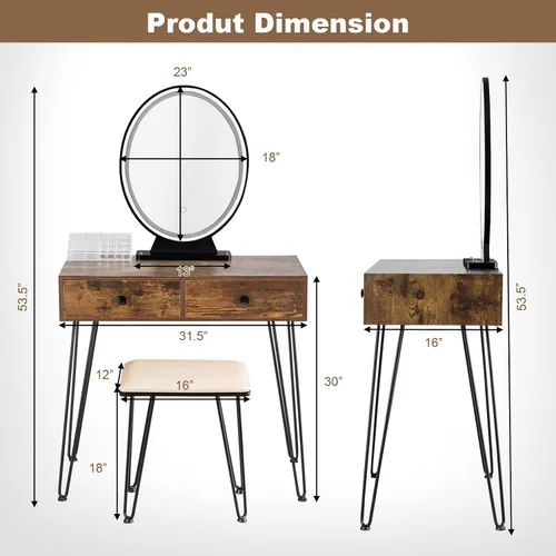 Miniatura 6 de KOTEK Juego de mesa de tocador con espejo iluminado, escritorio de maquillaje con taburete acolchado, espejo regulable de pantalla táctil de 3