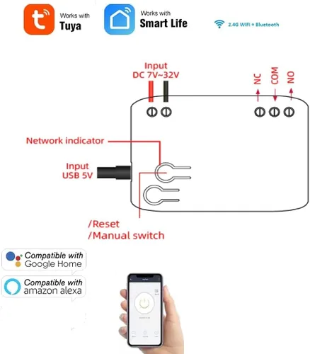 Miniatura 2 de 1 canal USB 5V AC/DC 7-32V Smart WiFi Wireless Relay Switch Module, aplicación Tuya Smart Life Control remoto, compatible con Alexa Google Home (1)