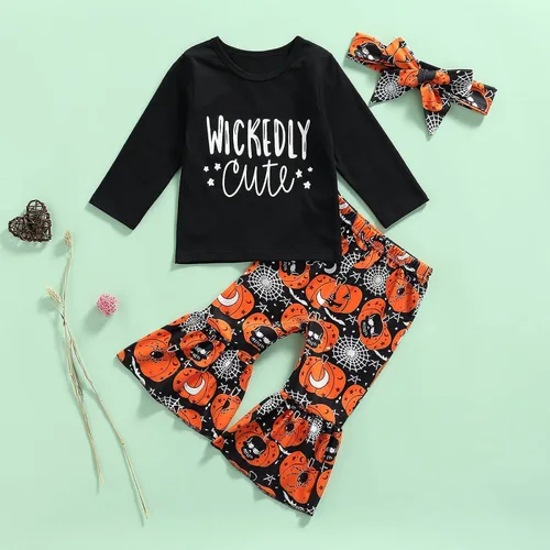 Miniatura 3 de Hnyenmcko Conjunto de ropa de Halloween para bebé niña, camiseta de manga larga con letras y pantalones de campana de calabaza con diadema, 3