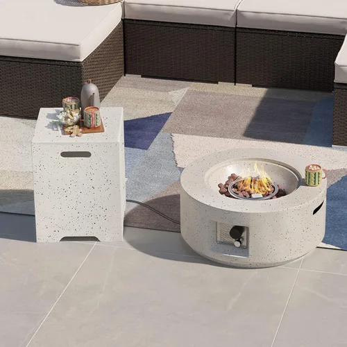 Miniatura 8 de SUNBURY Mesa redonda para fogata de propano de 28 pulgadas, mesa redonda con tanque de 40.000 BTU, mesa de gas blanca manchada para patio