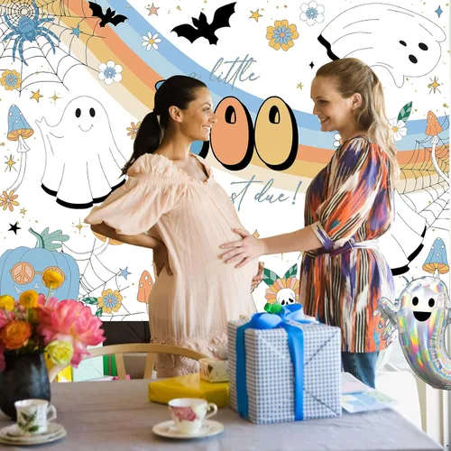 Miniatura 2 de Avezano Little Boo - Telón de fondo para baby shower, para niños, diseño hippie, para fiesta de Halloween, fantasma azul, Hey Boo, 7 x 5 pies