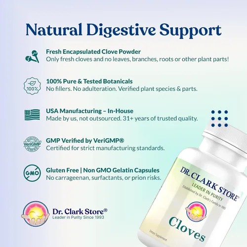 Miniatura 7 de Dr Clark Cloves Healthcare Suplemento - Salud digestiva natural, 500 mg, 100 cápsulas de gelatina pura