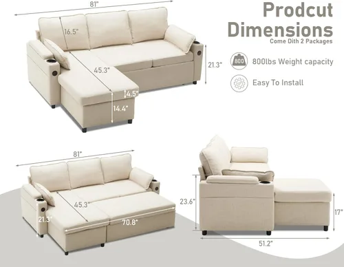Miniatura 2 de DURASPACE Sofá cama extraíble 2 en 1 sofá cama seccional con almacenamiento, USB, soporte para tazas, sofás seccionales extraíbles para apartamento