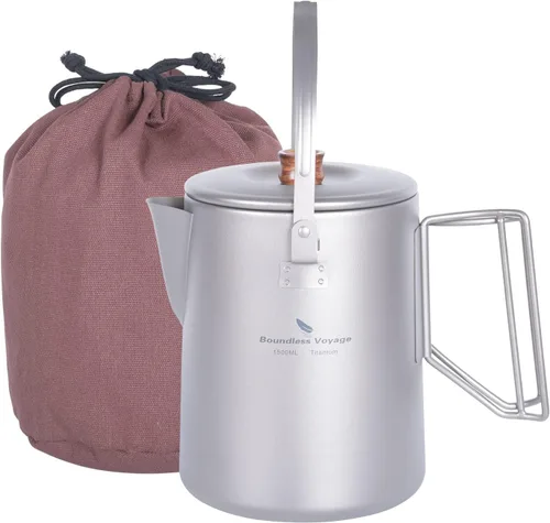 Boundless Voyage Cafetera de titanio para camping, 1.5L, hervidor de barista para hacer café, agua hirviendo, viajes al aire libre, fogata, estufa