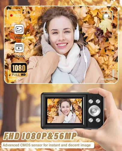 Miniatura 3 de Nueva cámara digital 2025, 56MP FHD 1080P para niños con zoom digital de 16x, antivibración, detección facial, captura de sonrisas, tarjeta TF de 32