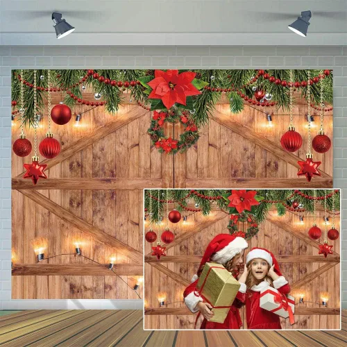 Miniatura 8 de Telón de fondo rústico de madera de granero de Navidad de 8 x 6 pies para fotografía de invierno, Navidad, puerta de madera rústica de granero