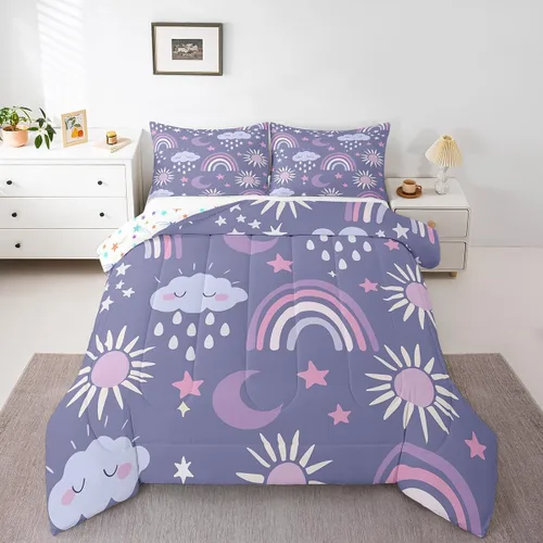 Erosebridal Juego de ropa de cama de arcoíris y nubes para guardería, tamaño individual, juego de edredón lindo de sol y luna para niños y niñas,