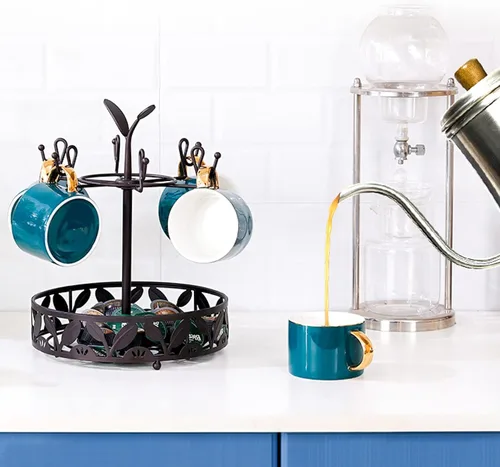 Miniatura 3 de Soporte para taza de café con almacenamiento de cesta de cápsulas de café, soporte giratorio para tazas de 6 capacidades, soporte para tazas