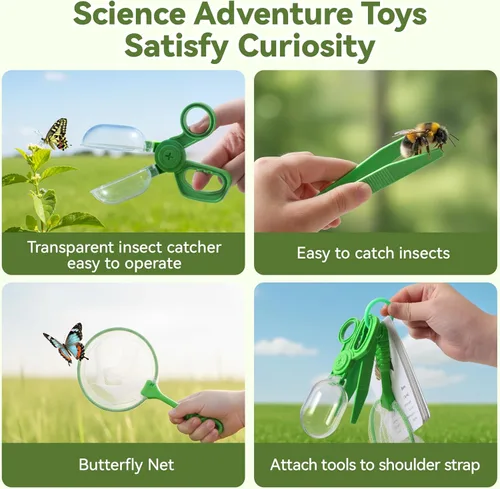 Miniatura 7 de Atrapa insectos de madera para niños, lupa giratoria de 360°, kit de explorador de insectos, con hábitat de insectos, red de mariposa, pinzas