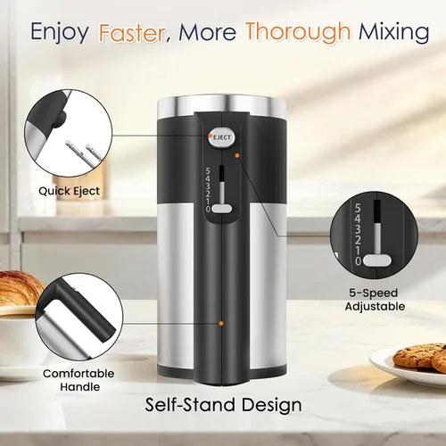 Miniatura 6 de Potente batidora de mano de 600W, batidora de mano eléctrica de 5 velocidades para hornear, ligera con 2 batidores de mano de acero inoxidable y 2
