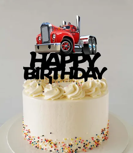 Miniatura 2 de Decoración de pastel de camión pesado, suministros de fiesta temática de transporte de acrílico negro, decoración de pastel de feliz cumpleaños