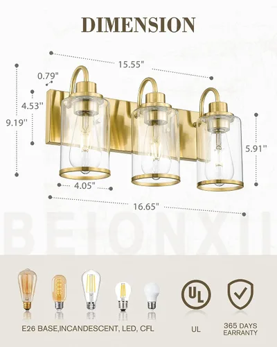 Miniatura 3 de Beionxii BX-VL01BG-3CG - Lámpara de tocador de baño, 3 lámparas doradas claras con pantalla de cristal transparente, accesorios de iluminación