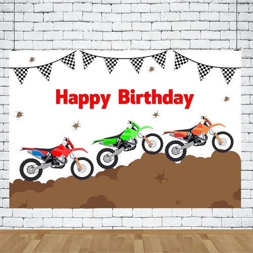 Miniatura 5 de AIBIIN Telón de fondo de cumpleaños de motocicleta de 7 x 5 pies para niños, carreras de moto, banderas de fiesta de cumpleaños, decoración