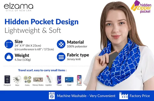 Miniatura 6 de elzama Infinity Loop Jersey Scarf with Hidden Zipper Pocket Printed Patterns for Women - Travel Wrap for Fall Winter