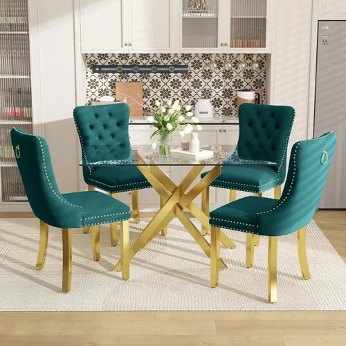 Miniatura 14 de Juego de mesa de comedor de 51 pulgadas de vidrio para 4, mesa de cocina rectangular de vidrio con 4 sillas tapizadas con acentos de terciopelo