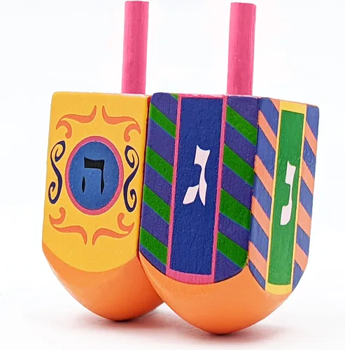 Miniatura 6 de The Dreidel Company Dreidels de Hanukkah de madera pintada a mano, extra grande, paquete de 10 diseños retro Dreidel 2-Multicolor