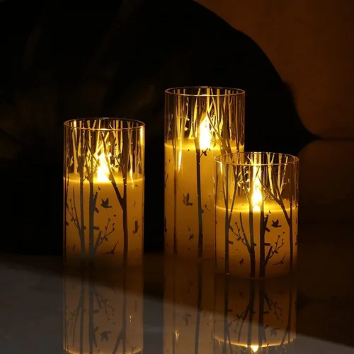Miniatura 4 de Rhytsing Velas LED de vidrio con diseño de abedul a pilas con temporizador, velas de pilar sin llama para decoración de primavera y verano