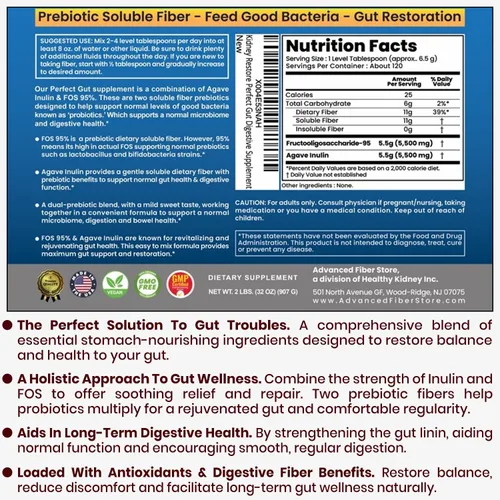 Miniatura 8 de Perfect Gut: Polvo de inulina FOS para la salud intestinal. Inulina prebiótica. Fibra de agave prebiótica única 95% FOS