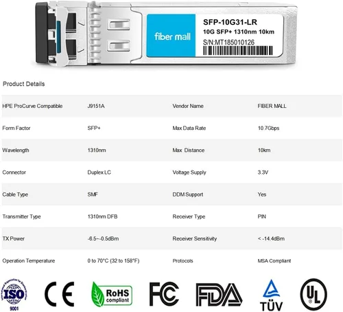 Miniatura 3 de SFP 10G LR para HPE ProCurve J9151A HPE Aruba J9151D J9151E J9151ECM Transceptores de Fibra Óptica 10GBASE-LR SFP+ 1310nm 10km Modo Único DOM