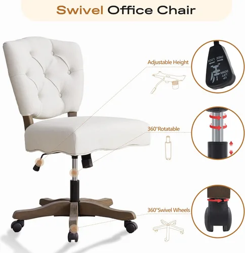 Miniatura 3 de HUIMO Silla de escritorio giratoria tapizada de tela copetuda de felpilla con ruedas, altura ajustable, silla clásica de tareas con patas de madera