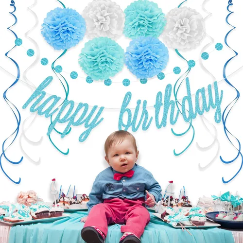 Miniatura 5 de KOKAR Decoraciones azules de feliz cumpleaños: pancarta azul de feliz cumpleaños, pompones de papel, remolinos colgantes y guirnalda de puntos