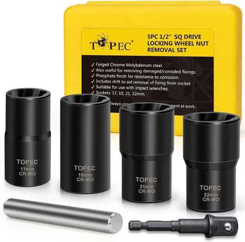 Topec 6 herramientas de extracción de tuercas de llanta, kit de extracción de bloqueo de rueda motriz de 1/2 pulgada, removedor de tuercas peladas