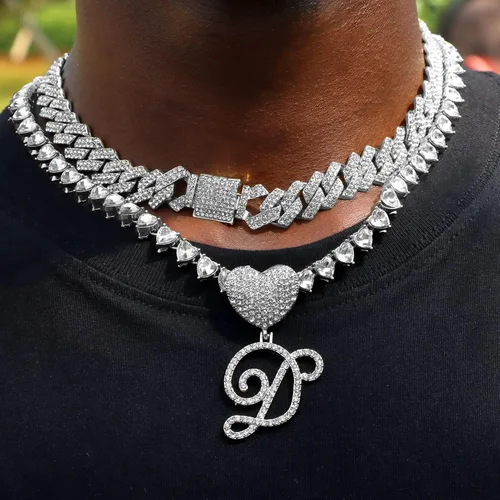 Miniatura 3 de DLSIXNCO Cadena de eslabones cubanos de plata para mujer, collares en capas con iniciales cursivas en forma de corazón, collar con colgante