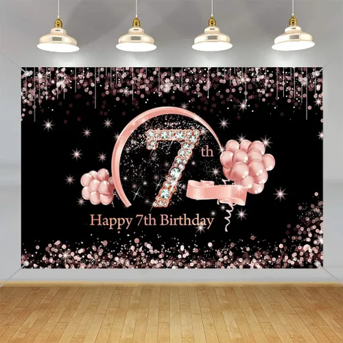Miniatura 6 de Cartel de tela para decoración de cumpleaños número 7 para niñas, cartel de tela para fiesta de cumpleaños de niña de 7 años, fondo de foto negro