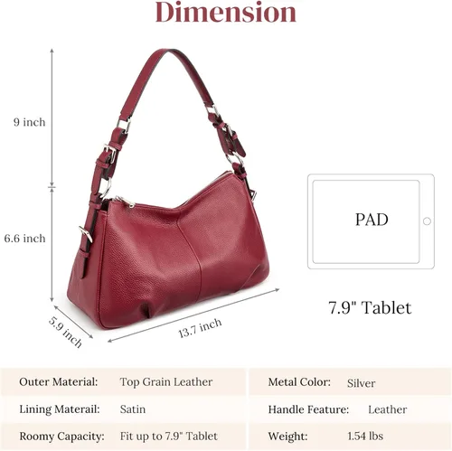 Miniatura 3 de S-ZONE Bolso de hombro para mujer Hobo, bolsa de hombro de cuero genuino, bolso cartera