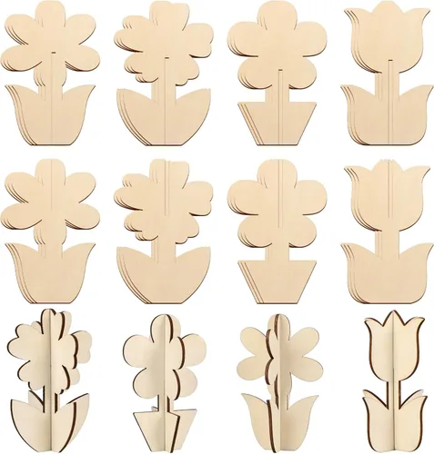 COCHIE Manualidades de madera de primavera de flores 3D para pintar, rebanadas de madera sin terminar pintables para manualidades, recortes de
