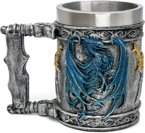 Miniatura 8 de Taza medieval de dragón azul D&D Game Mug of Throne Merchandise Beer Steins Viking Tankard Taza de café de acero inoxidable Tazas de regalo