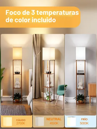 Miniatura 3 de Lámpara de pie con estantes para sala de estar color marrón nogal, lámpara de pie con estante con bombilla LED de 3 CCT, lámpara de columna de pie