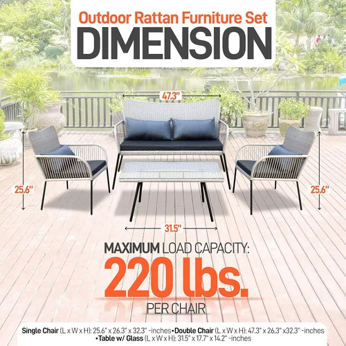 Miniatura 2 de SereneLife Muebles de ratán para exteriores, incluye 1 doble y 2 sillas individuales con cojín y 1 mesa de centro con tapa de cristal, juego